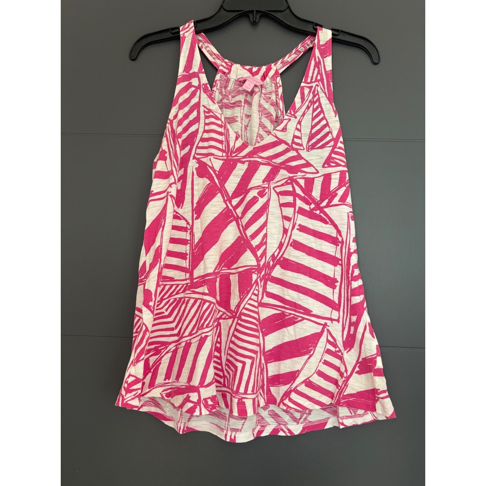Lilly Pulitzer Pink White Sailboat Print Racerback Tank Top Cotton V-Neck Small